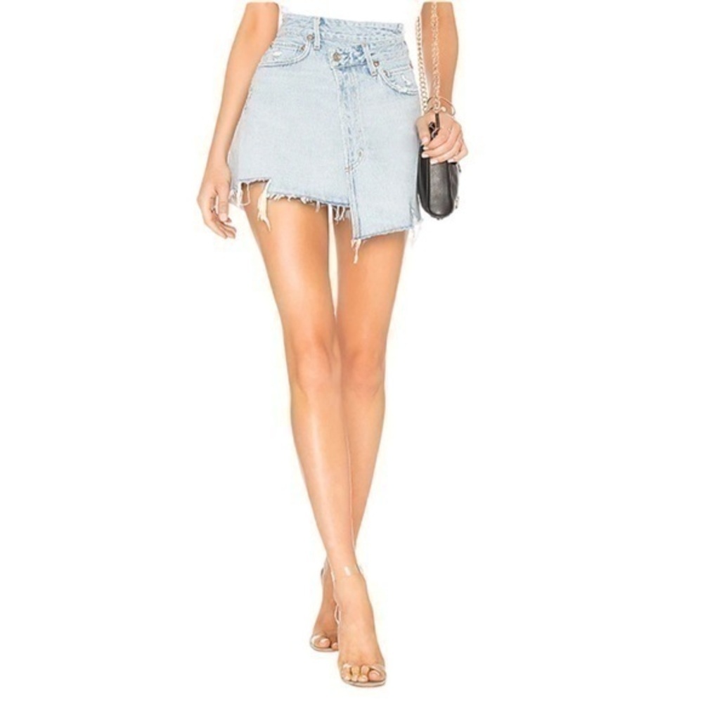 Agolde Criss Cross Denim Skirt Distressed Frayed Hem
